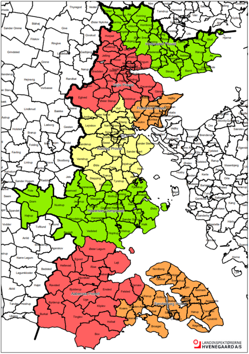 Kort over stiftets sogne og provstier - inddelt i forskellige farver