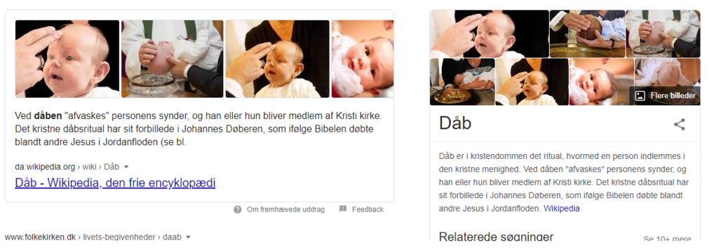 Skærmbillede fra Google ved søgning efter dåb