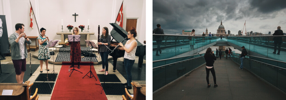 To billeder: 5-mands orkester står på rød løber op til alter - gangbroer