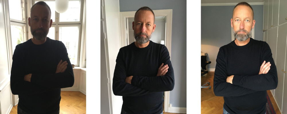Tre portrætbillede i forskelligt lys af mand med arme over kors