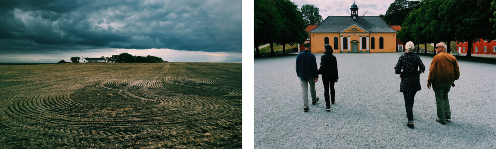 To billeder: spor på mark - fire personer går mod bygning