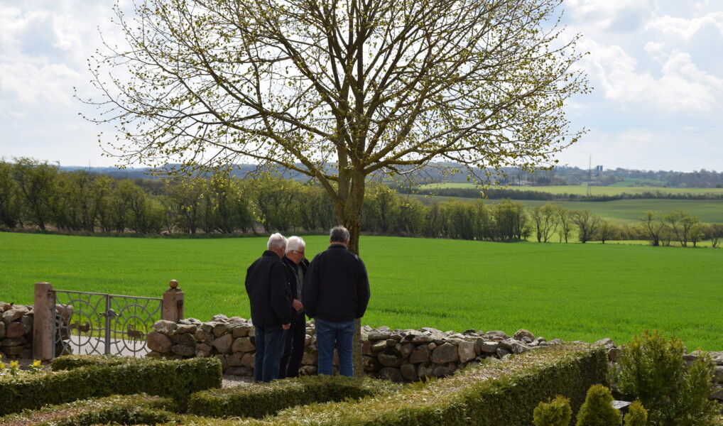 3 mænd på kirkegård ud til mark