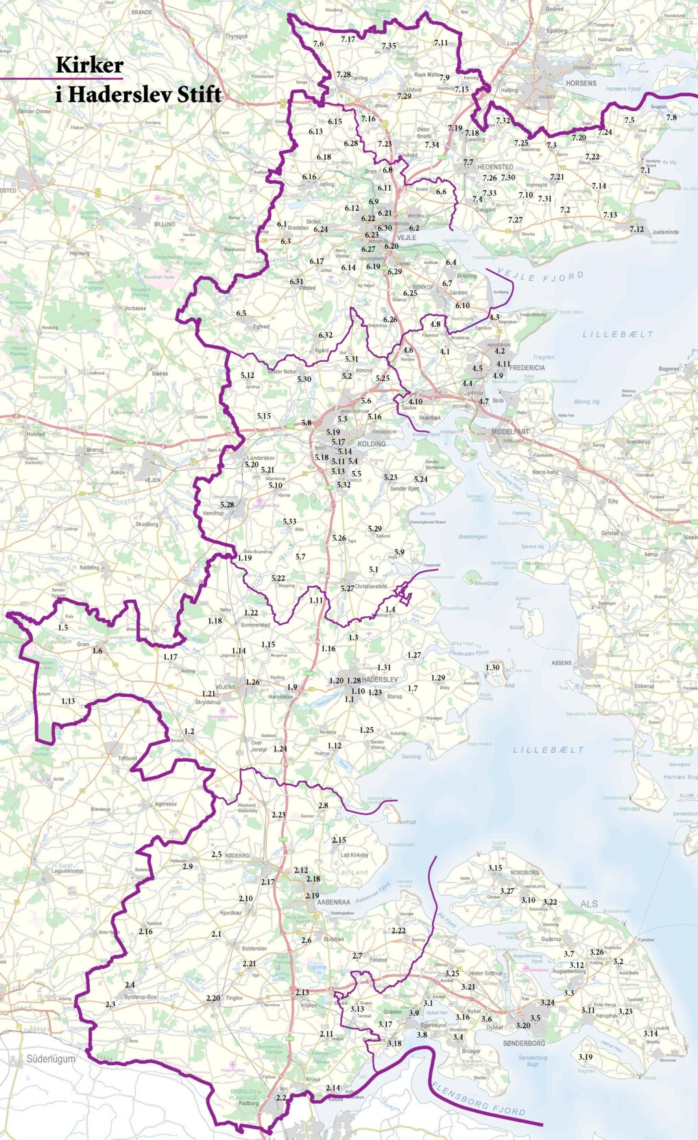 Sort-hvid kort over stiftets sogne og provstier