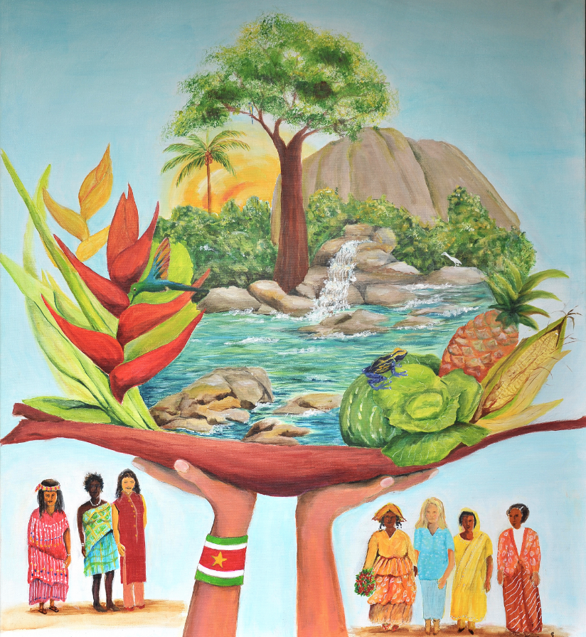 Maleri af eksotiske frugter, kvinder, natur