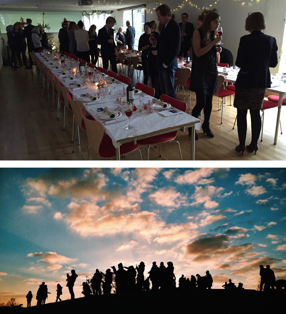 To billeder: mørkt festlokale med langborde - mennesker på bakketop med skyer på himlen