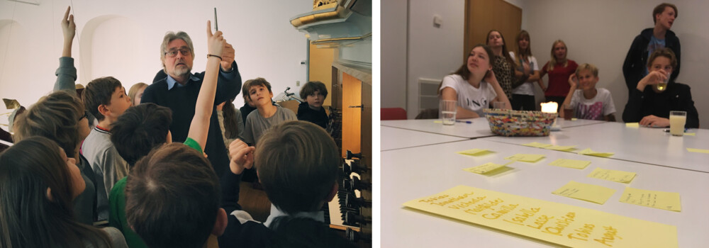 To billeder: mand i midten af en flok børn - seddel på bord, som børn sidder om