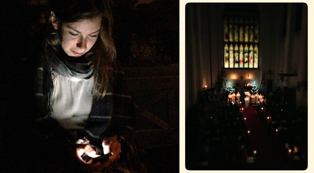 To billeder: kvinde med lys i hænderne - levende lys i mørk kirke