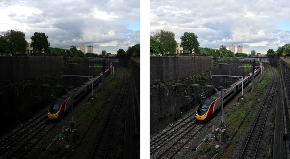 To ens billeder af tog på jernbane - forskelligt lys/fokus