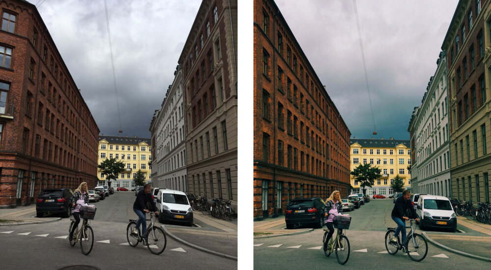 To ens billeder af to cyklister for enden af gade med lejligheder - forskelligt lys