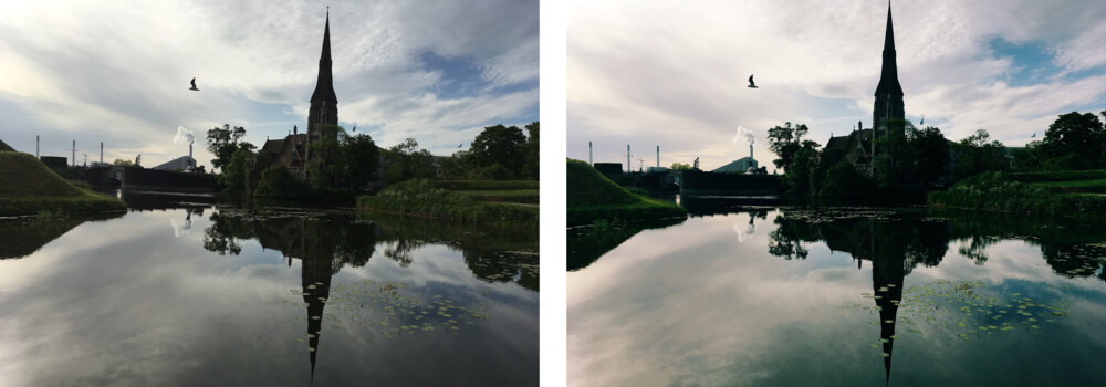 To ens billeder af kirketårn bag sø - forskellig lys