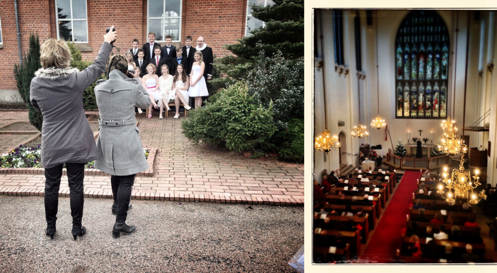 To billeder: to personer fotografer konfirmander - kirkerum set oppefra