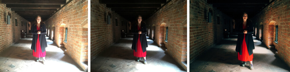 Tre billeder i forskelligt lys af kvinde i lang gang med murstensvægge