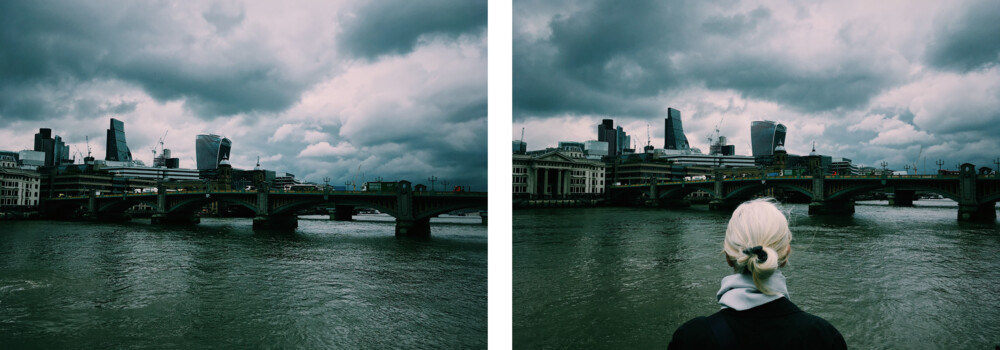 To billeder af bro over vand - på det ene ses kvinde bagfra